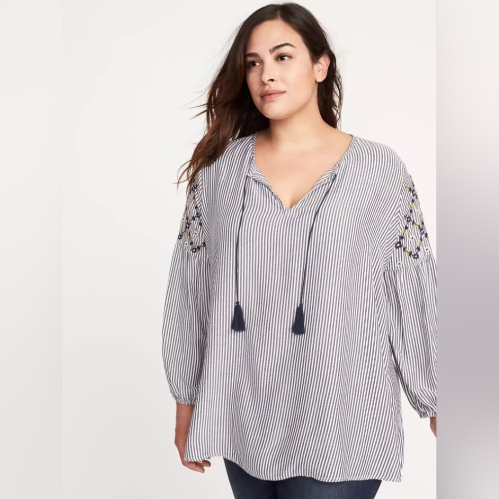 NWT Old Navy Striped Blouse with Embroidered Sleeves & Tassels XL TALL